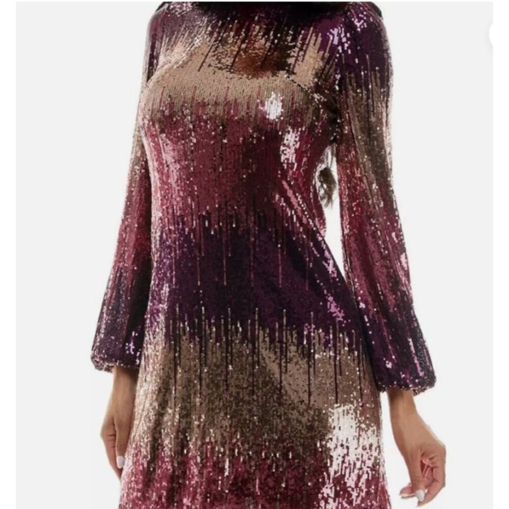 Maison Tara Pink & Tan Sequin LS Party Dress - Size 14